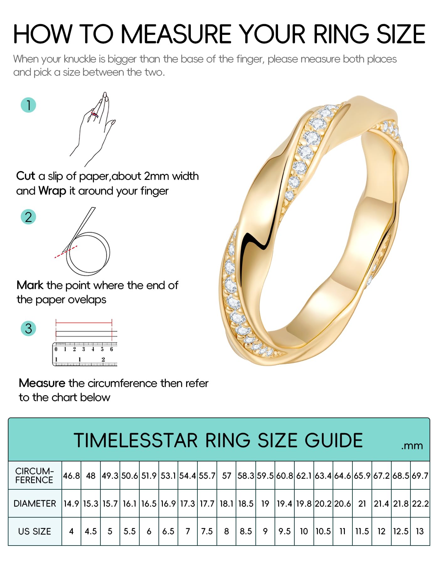 TIMELESSTAR Moissanite Rings for Women Eternity Band Wedding Bands Engagement Diamond Ring Promise for Her Anniversary Dainty Stackable Non Tarnish 925 Sterling Silver 14K Chunky Gold Plated Size 6