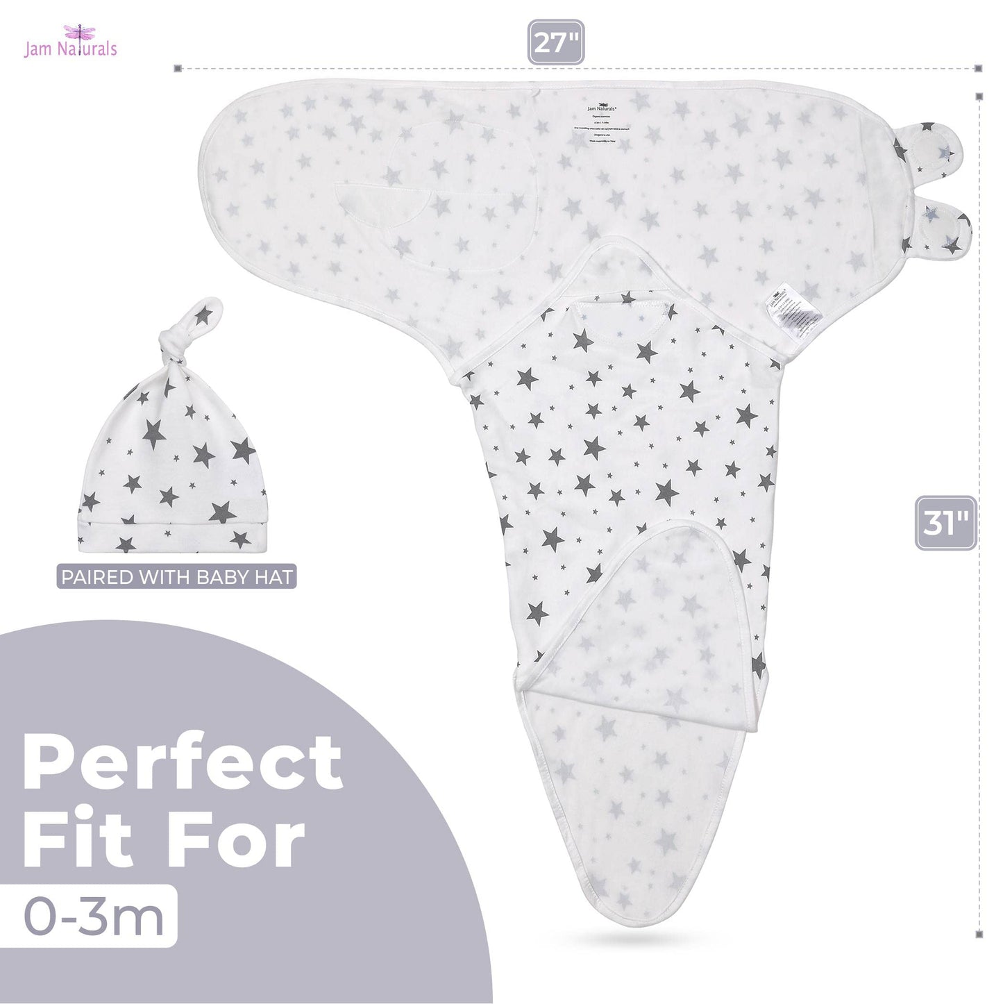 Jam Naturals- Organic Knotted Tie Bottom Adjustable Velcro Swaddle and Hat Set of 3, Newborn Sleep Sack (0-3m, 7-14lbs Grey)