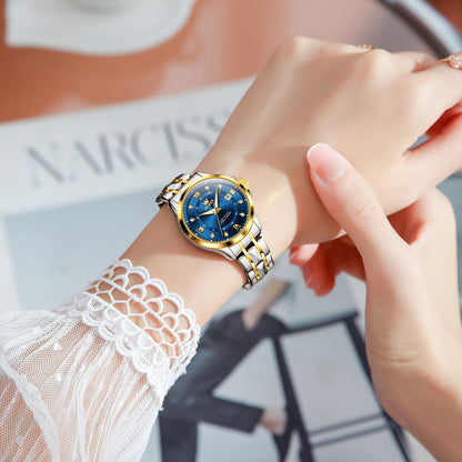 OLEVS Blue Watches for Women Stainless Steel Elegant Dress Women Watch Waterproof Analog Two Tone Women's Bracelet Watches Small Wrist Luminous Ladies Diamond Watch with Day Date Easy to Read