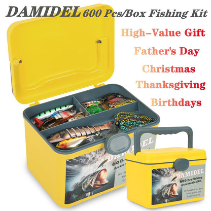DAMIDEL 600 Pcs/Tackle Box Fishing Kit-Fishing Hooks,Sinkers, Swivels Snaps,Top Water Lure,Spoons,Soft Lures,Jig Heads, Frogs, Minnow, Accessories Equipment- Saltwater Freshwater Bass Bait Gear