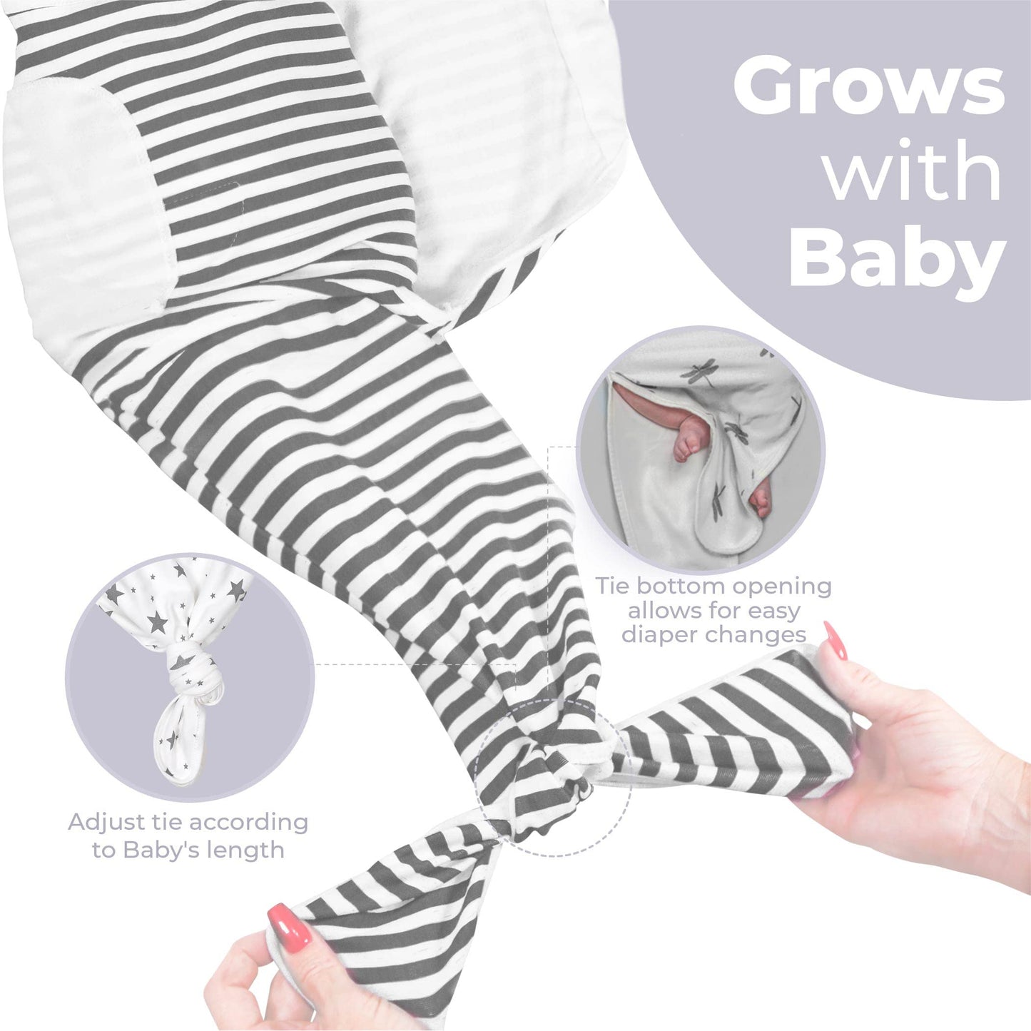 Jam Naturals- Organic Knotted Tie Bottom Adjustable Velcro Swaddle and Hat Set of 3, Newborn Sleep Sack (0-3m, 7-14lbs Grey)