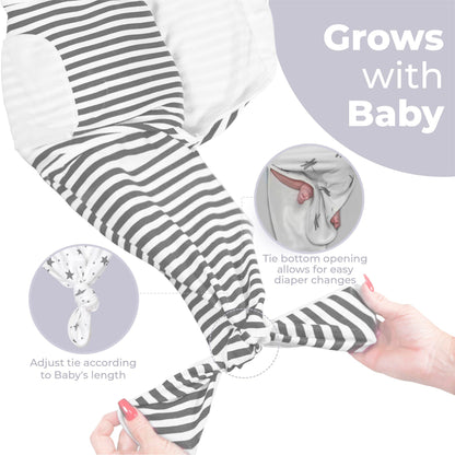 Jam Naturals- Organic Knotted Tie Bottom Adjustable Velcro Swaddle and Hat Set of 3, Newborn Sleep Sack (0-3m, 7-14lbs Grey)