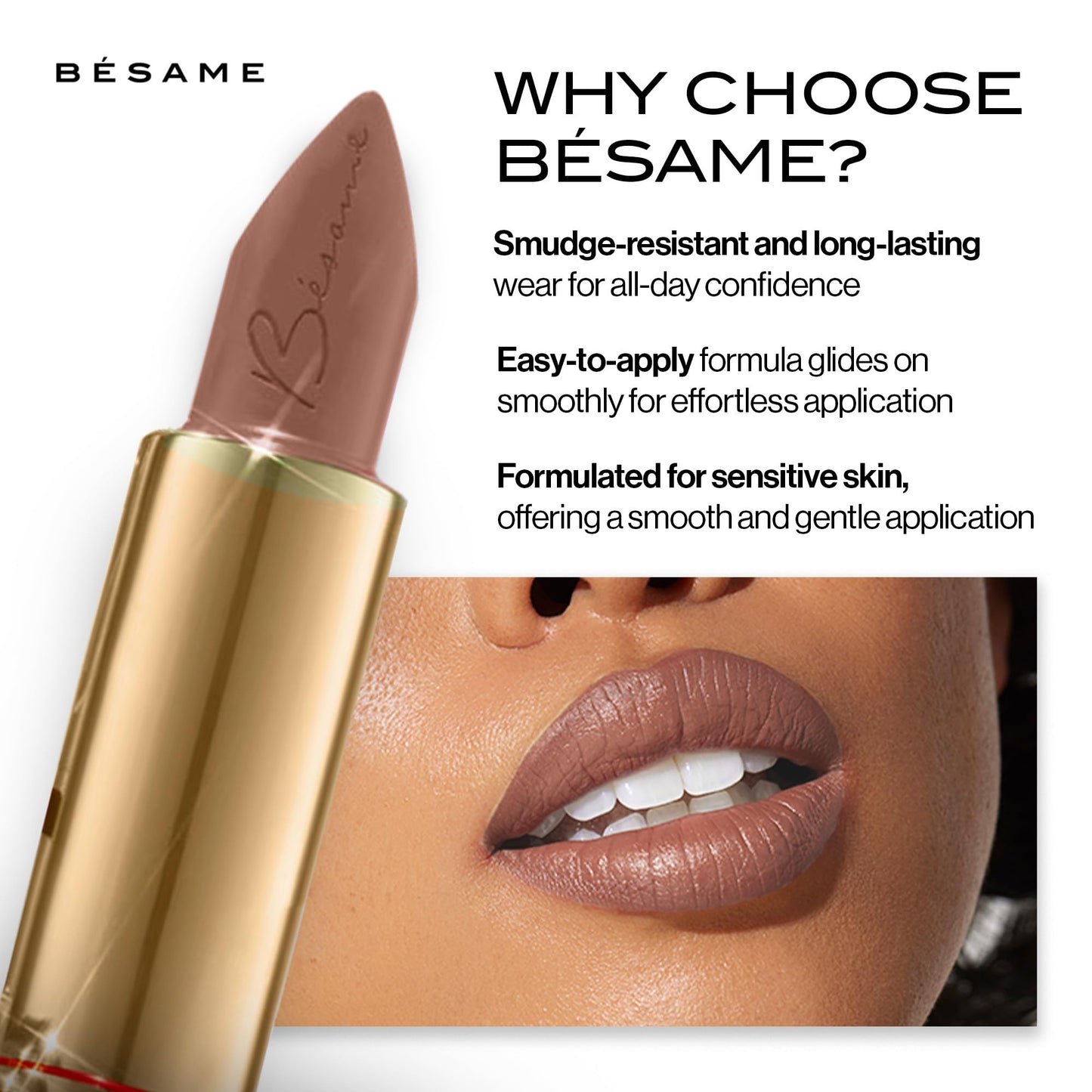 Besame Wild Rose Lipstick - 1974 | Soft Blush Pink Rose Mauve | 1970s Inspired | Day to Night | Everyday Shade Suits All Skin Colors | Long Lasting Satin Finish | With Moisturizing Vitamin E & Aloe