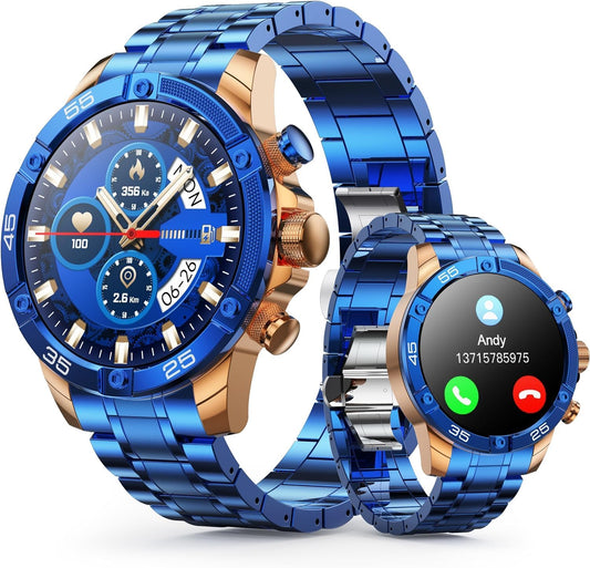 OHUGNA Men's Smart Watch Round HD 1.53" Gold Blue Smart Watches for Men, Multiple Sports Modes, Bluetooth Voice Call. Available for iOS and Android (Blue)