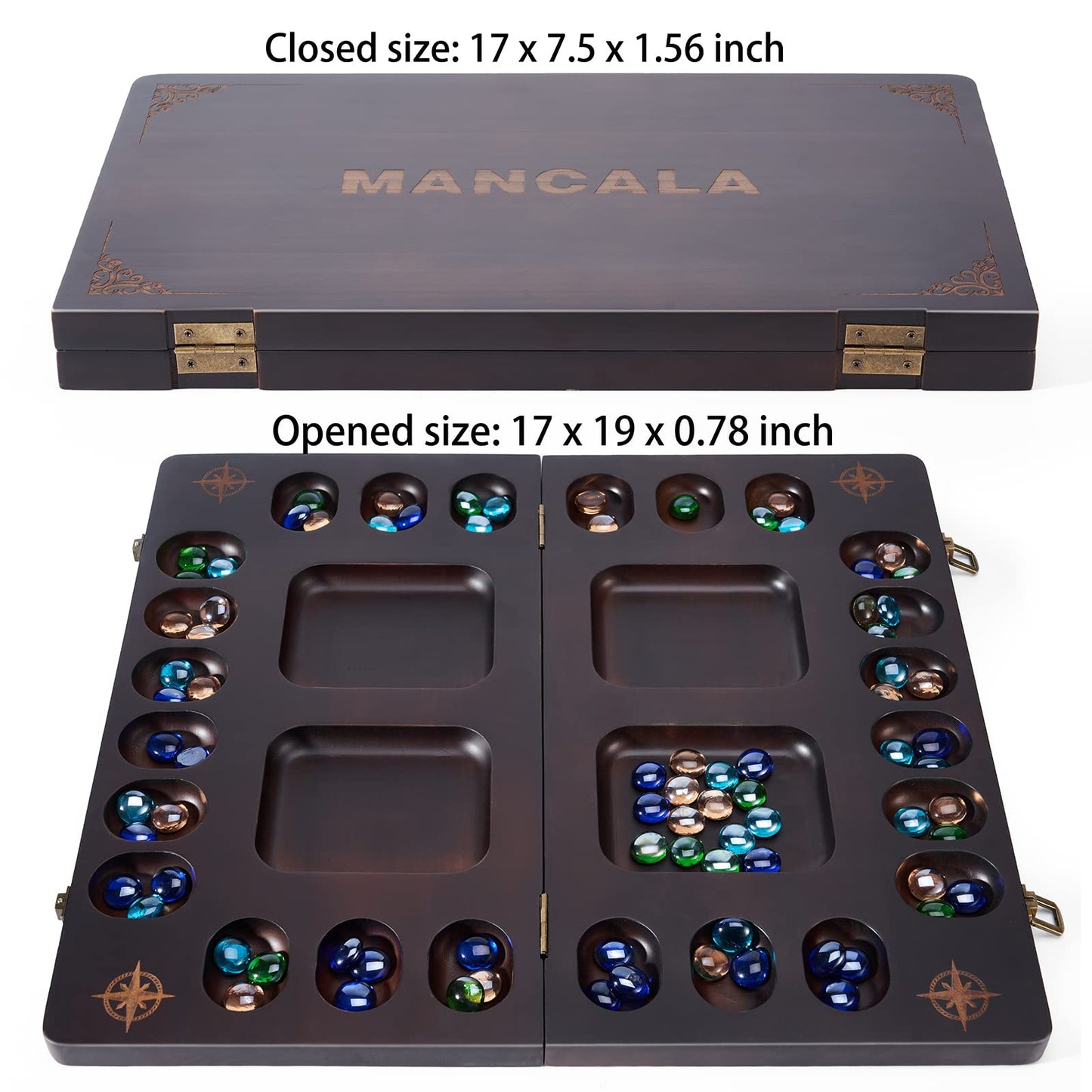 VAMSLOVE Mancala 4 Player Board Game Set, Luxury Solid Wood Folding Mancala Board, 96+12 Bonus Multi Color Glass Stone Beads Game Instructions Included