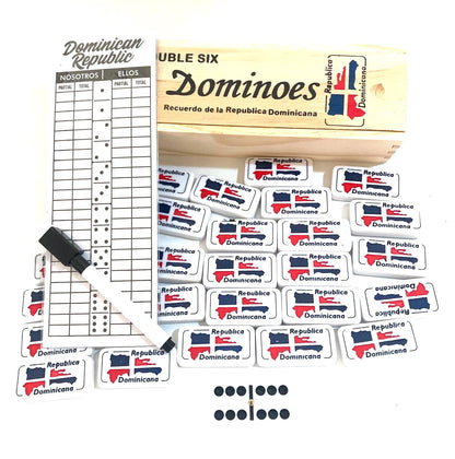 Dominican Dominoes Double Six Novelty Set - Show Your Dominican Pride with Dominican Republic Flag Tiles and Includes Reusable Score Pad