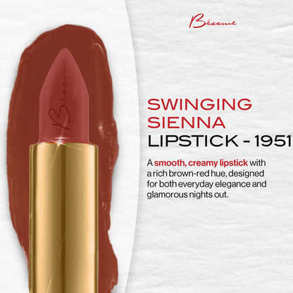 Besame Swinging Sienna Lipstick - 1951 | Glamorous Terracotta Color | 1950s Inspired Beauty | Luminous, Long Lasting & Smudge Resistant | Moisturizing, Hydrating & Lightweight | Smooth Application