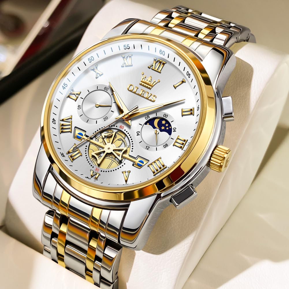 OLEVS Luxury Silver Men Watch Analog Quartz Silver Gold Stainless Steel Men's Watch Casual Wristwatch for Men Business Classic Mens Watches Gold White Dial Relojes para Hombres Fashion Mens Watches