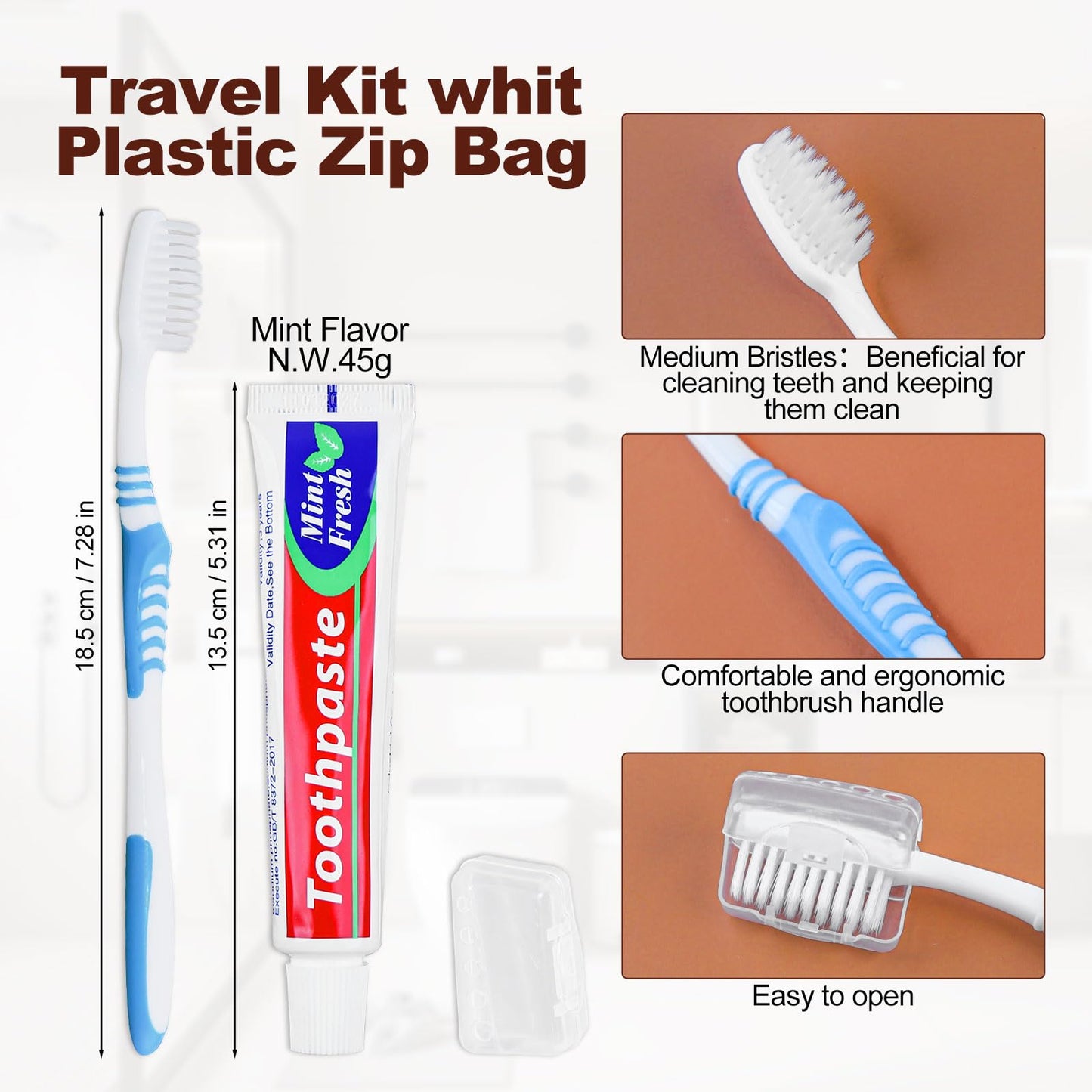 Disposable Toothbrushes with 45 Grams Toothpaste Individually Wrapped, Travel Kit Whit Plastic Zip Bag,Toothbrush Head Cover, Bulk Toothbrush for Homeless,Travel,Shelter,Air Bnb,Hotel,Guest (100)