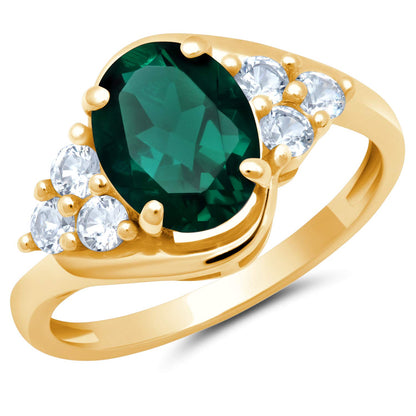 MAX + STONE Created Green Emerald Oval Sunburst Halo Ring for Women in 10k Yellow Gold with Created White Sapphire and May Birthstone Anniversary Ring Size 6