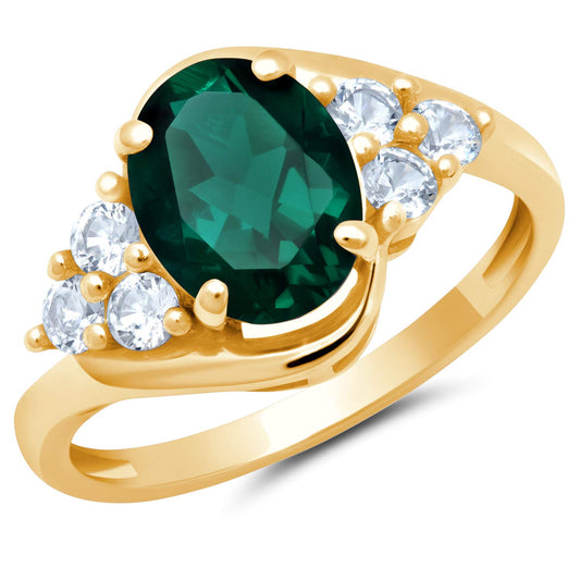 MAX + STONE Created Green Emerald Oval Sunburst Halo Ring for Women in 10k Yellow Gold with Created White Sapphire and May Birthstone Anniversary Ring Size 6