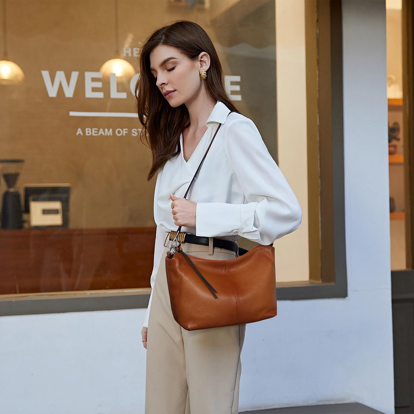 Iswee Soft Leather Handbags for Women Purses Brown Shoulder Bags Cross Body Bag Satchel Tote Travel Bag Hobo (Sorrel)