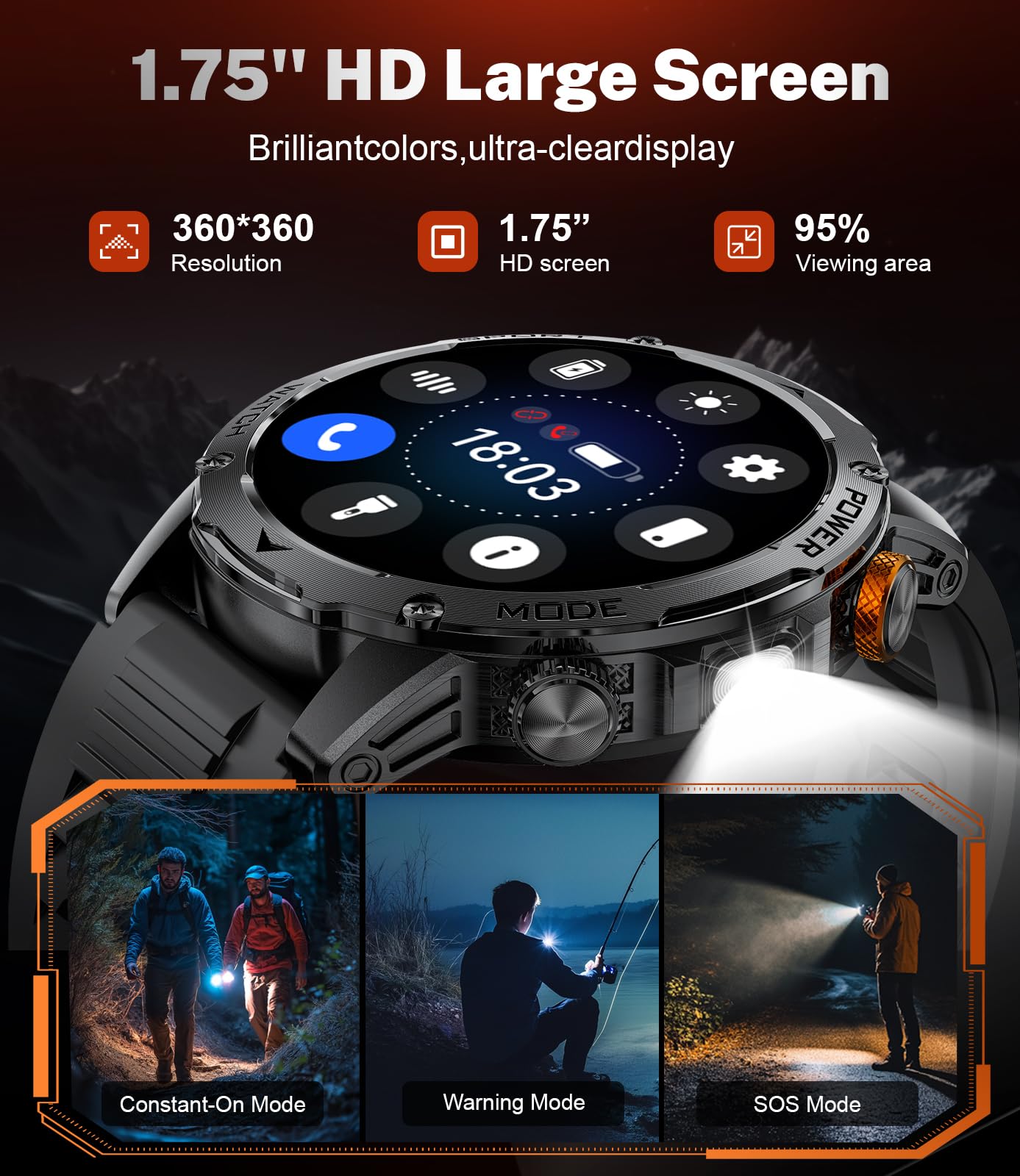 Military Smart Watches 1000 mAh Battery/Flashlight,1.75'' IPS HD Display Smart Watch for Men(Make Call),IP68 Waterproof Fitness Watch with Heart Rate,Sleep Monitor,100+ Sports Modes,for iOS Android