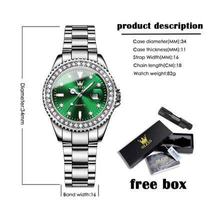 OLEVS Women Watch Silver and Green Watches for Women Small Wrist Ladies Diamond Classic Stainless Steel Dress Female Watches Analog Quartz Waterproof Date Women's Wrist Watch Luminous Reloj de Mujer