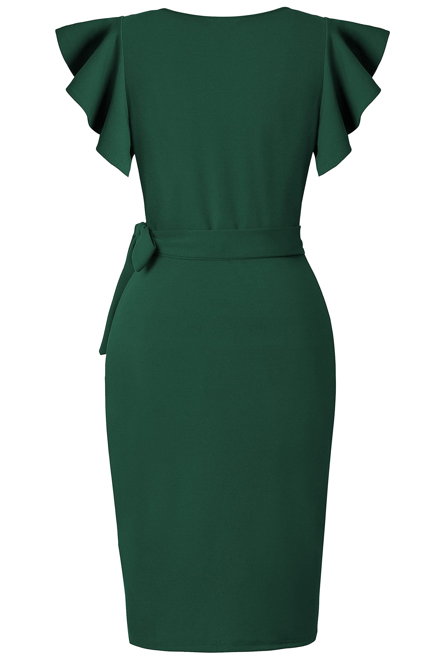 oten Women's Classic Ruffle Sleeve V-Neck Tie Belt Wrap Bodycon Office Cocktail Party Nightout Dresses Dark Green Medium