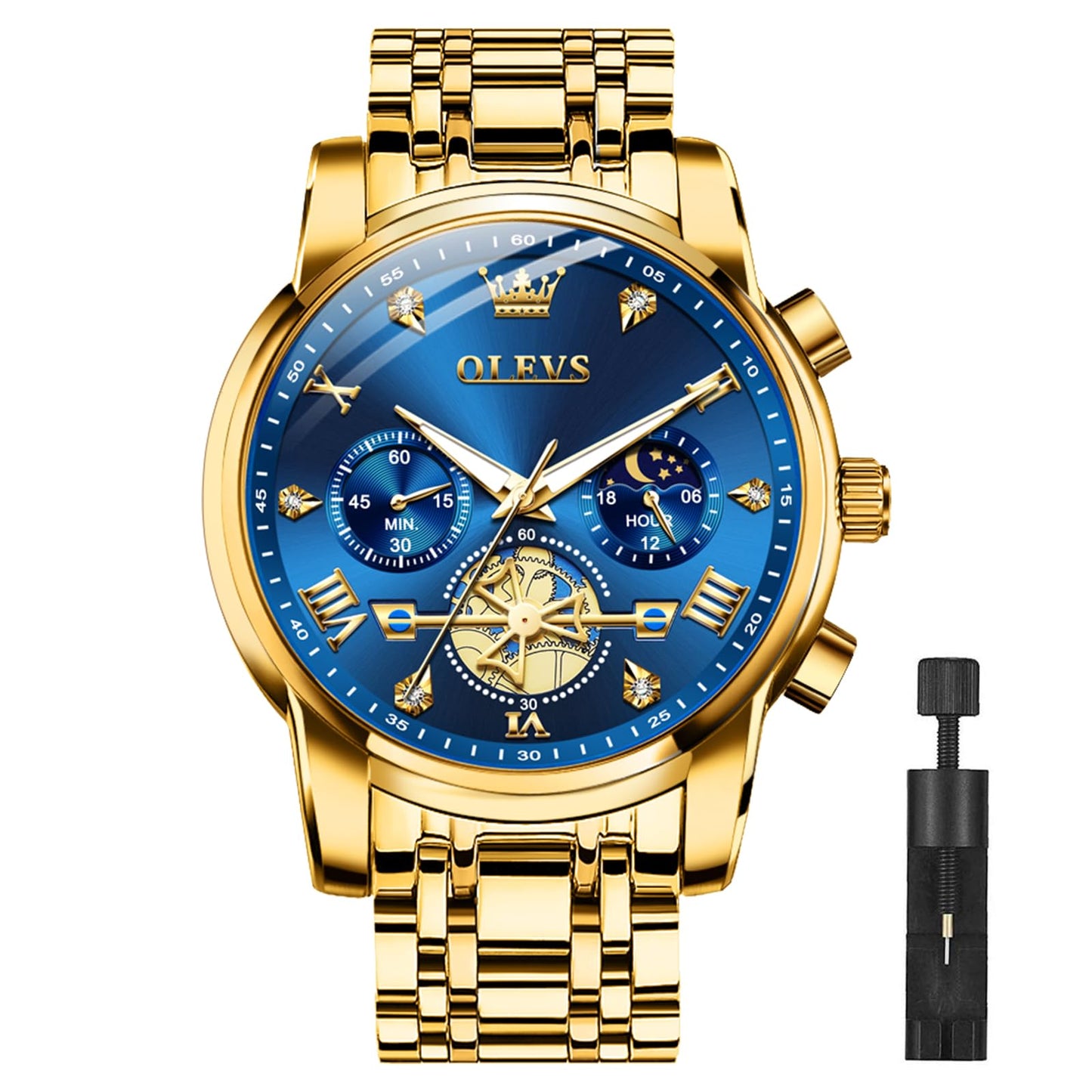 Olevs Gold Watches For Men Mens Gold Watch Big Face Watch For Men Luxury Watches For Man Blue Business Stainless Steel Dress Analog Quartz Chronograph Moon Phase Luminous Waterproof Easy To Read Reloj De Hombre