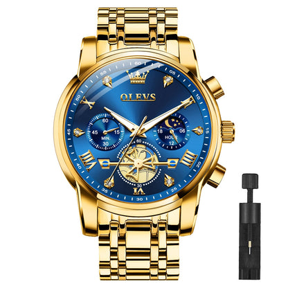 Olevs Gold Watches For Men Mens Gold Watch Big Face Watch For Men Luxury Watches For Man Blue Business Stainless Steel Dress Analog Quartz Chronograph Moon Phase Luminous Waterproof Easy To Read Reloj De Hombre