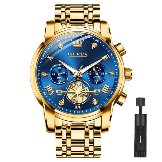 Olevs Gold Watches For Men Mens Gold Watch Big Face Watch For Men Luxury Watches For Man Blue Business Stainless Steel Dress Analog Quartz Chronograph Moon Phase Luminous Waterproof Easy To Read Reloj De Hombre