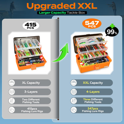 PLUSINNO Large 4-Layer Tackle Box with Tackle Included, 547Pcs Fishing Lures Kit - Pliers, Crankbait, Hooks, Weights & Accessories - Freshwater Bass Fishing Bait Lure Gear and Equipment, Gift for Men