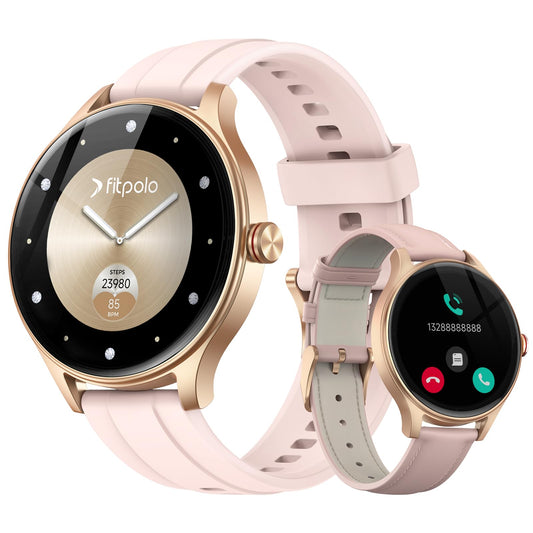 Fitpolo Smart Watches for Women (2 Bands), 1.27" Stylish Smartwatch, IP68 Waterproof Fitness Tracker with Bluetooth Calls (Make/Answer), Heart Rate/SpO2/Sleep Monitor, 7 Days Battery - Pink