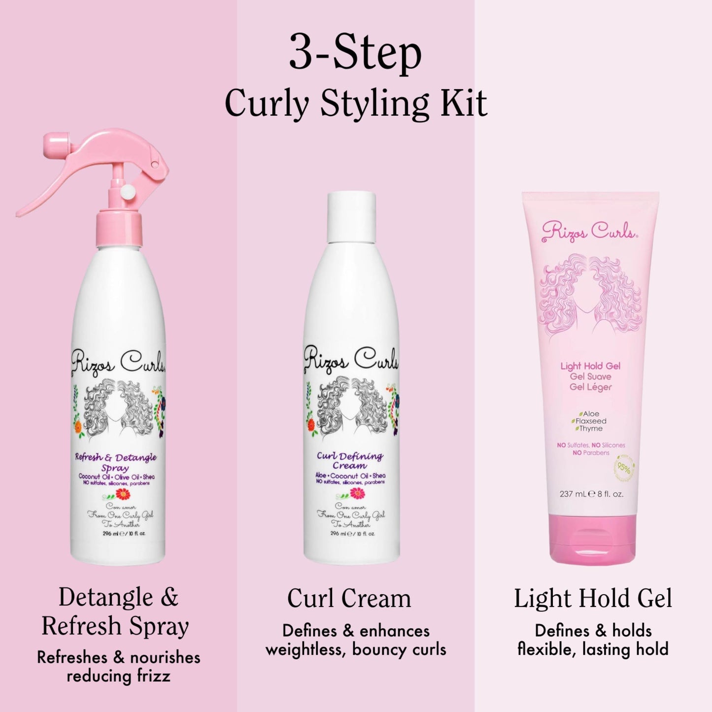 Rizos Curls Styling Starter Kit, Refresh and Detangle Spray & Curl Defining Cream & Light Hold Gel Bundle, Enhance & Define Curls, Add Volume & Hold, Frizz Control & Shine