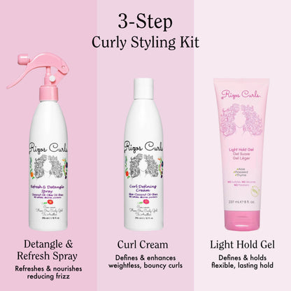 Rizos Curls Styling Starter Kit, Refresh and Detangle Spray & Curl Defining Cream & Light Hold Gel Bundle, Enhance & Define Curls, Add Volume & Hold, Frizz Control & Shine