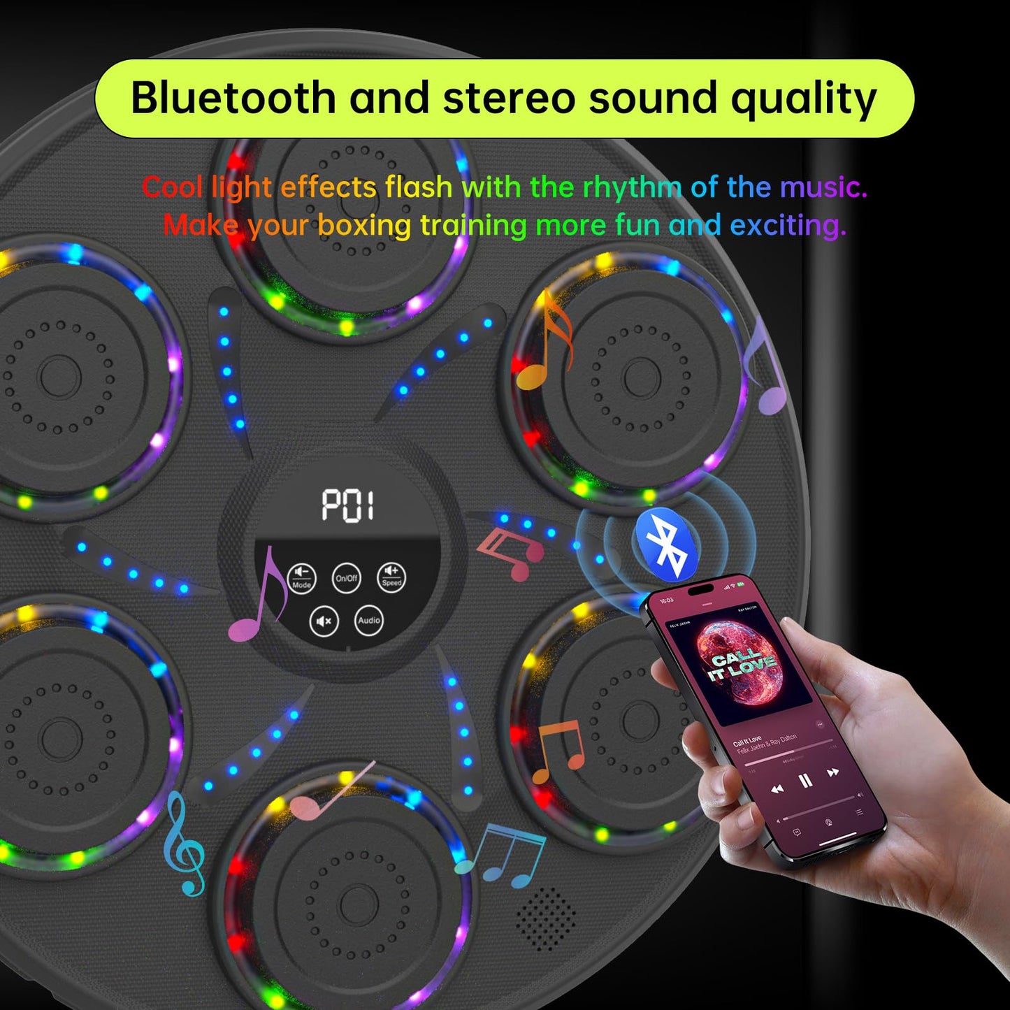 Music Boxing Machine Smart Bluetooth Boxing Equipment for Adults and Kids Home Gym Workout Exercise（2 Pairs of Gloves） (Colorful Light)