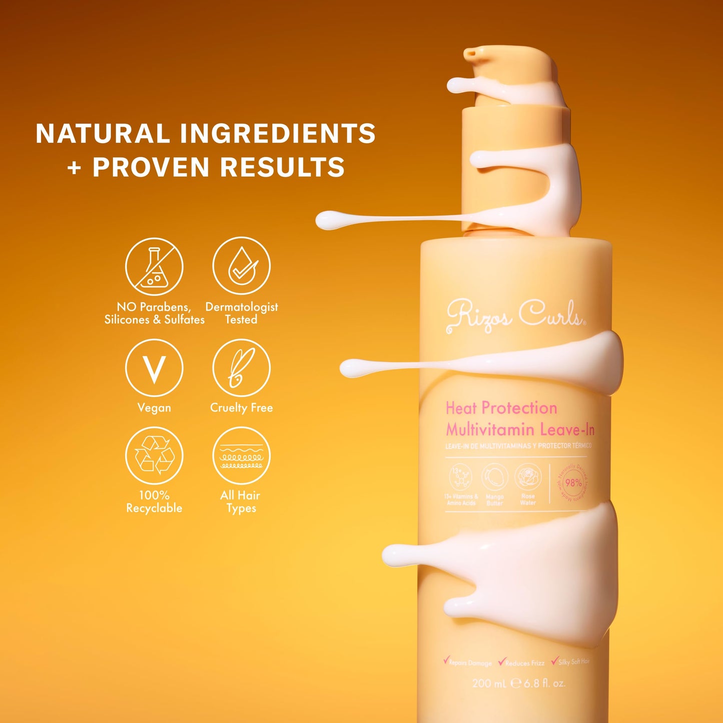 Rizos Curls Multivitamin Leave-In Heat Protection Up to 450°F - Vitamin E & Argan Oil Strengthen, Repair & Add Shine to Straight, Wavy, Curly, Coily, Kinky Hair Types Sulfate & Paraben Free