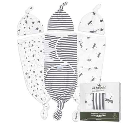 Jam Naturals- Organic Knotted Tie Bottom Adjustable Velcro Swaddle and Hat Set of 3, Newborn Sleep Sack (0-3m, 7-14lbs Grey)