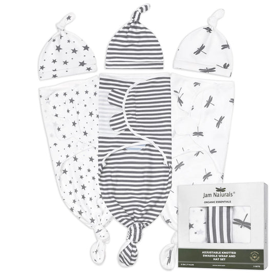 Jam Naturals- Organic Knotted Tie Bottom Adjustable Velcro Swaddle and Hat Set of 3, Newborn Sleep Sack (0-3m, 7-14lbs Grey)