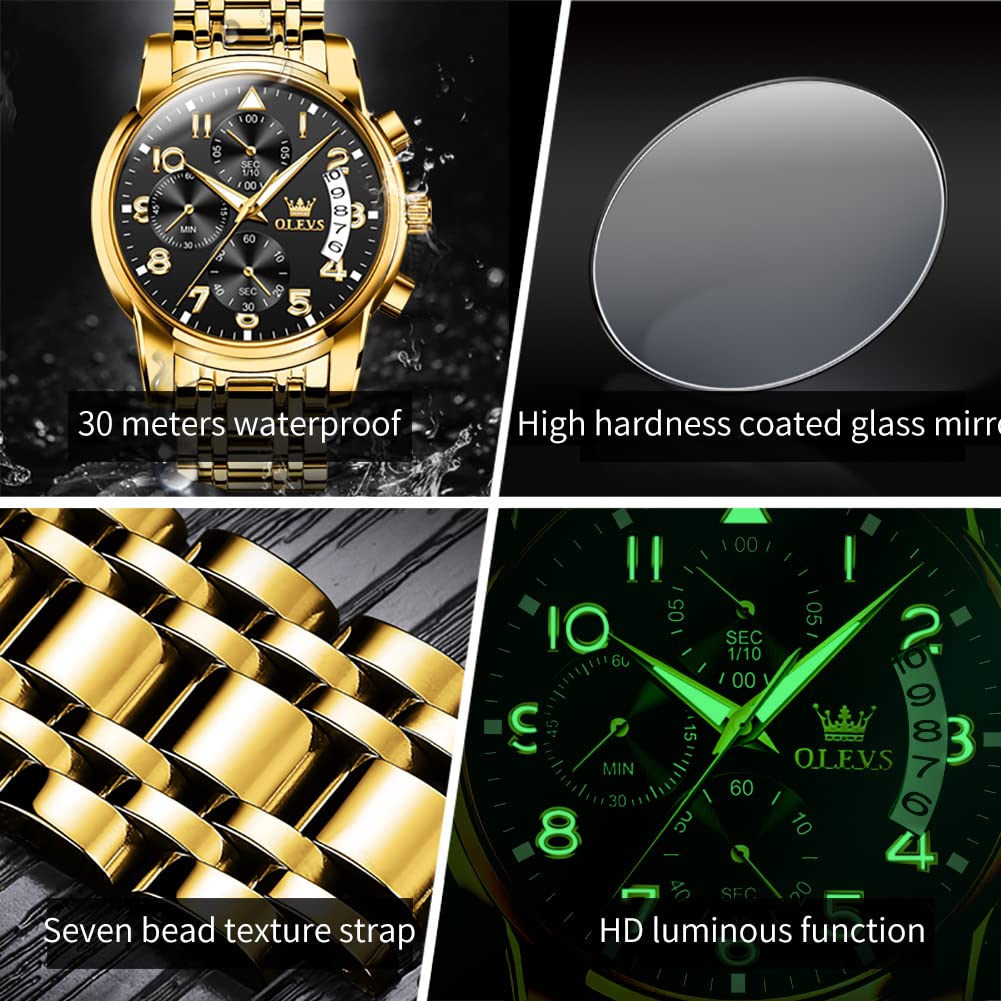 OLEVS Gold Watches for Men Dress Original Luxury Waterproof Analog Watches for Men Big Wrists Stainless Steel Chronograph Elegant Men's Watch Luxury Fashion Golden Black Big Face Watch Relojes para hombres