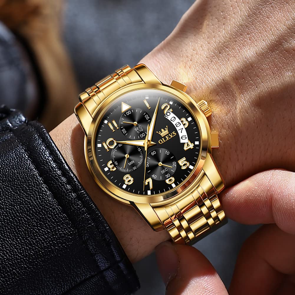 OLEVS Gold Watches for Men Dress Original Luxury Waterproof Analog Watches for Men Big Wrists Stainless Steel Chronograph Elegant Men's Watch Luxury Fashion Golden Black Big Face Watch Relojes para hombres