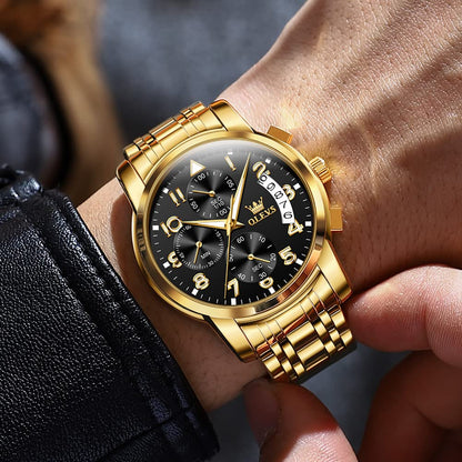 OLEVS Gold Watches for Men Dress Original Luxury Waterproof Analog Watches for Men Big Wrists Stainless Steel Chronograph Elegant Men's Watch Luxury Fashion Golden Black Big Face Watch Relojes para hombres