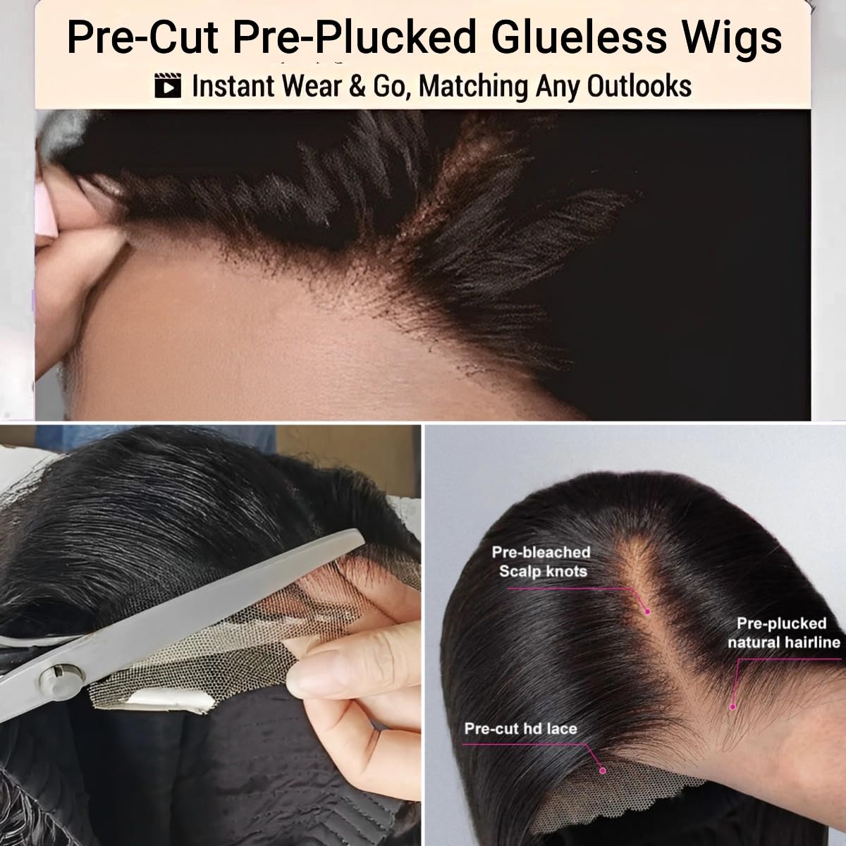FACMOOD Wear and Go Glueless Bob Wig Human Hair Straight, 6x4 Pre-Cut HD Lace Glueless Wigs Pre-Plucked, Transparent Lace Front Closure Wigs for Women 180% Density 12 inch