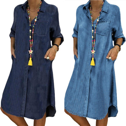 CHARTOU Women Long Sleeve Denim Button Up Shirt Dress Midi Jean Dress Flowy Tunic Shift Dress Flared A Line Dress (X-Small, Navy Blue)