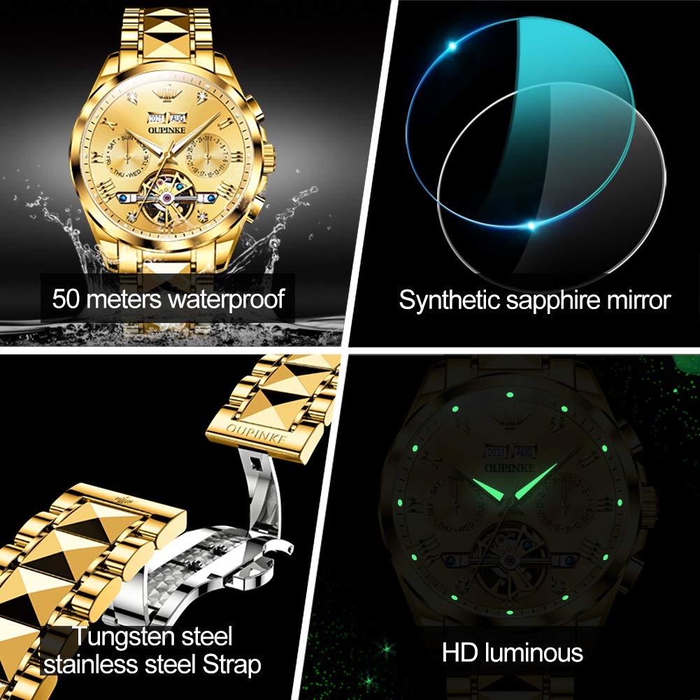 OUPINKE Gold Men Automatic Mechanical Wrist Watches Luxury Dress Tungsten Steel Luminous Waterproof Sapphire Diamond Calendar Best Gifts Men