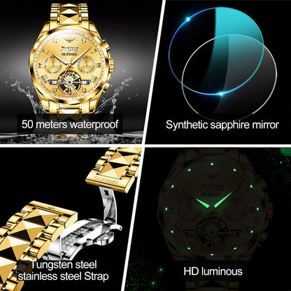 OUPINKE Gold Men Automatic Mechanical Wrist Watches Luxury Dress Tungsten Steel Luminous Waterproof Sapphire Diamond Calendar Best Gifts Men