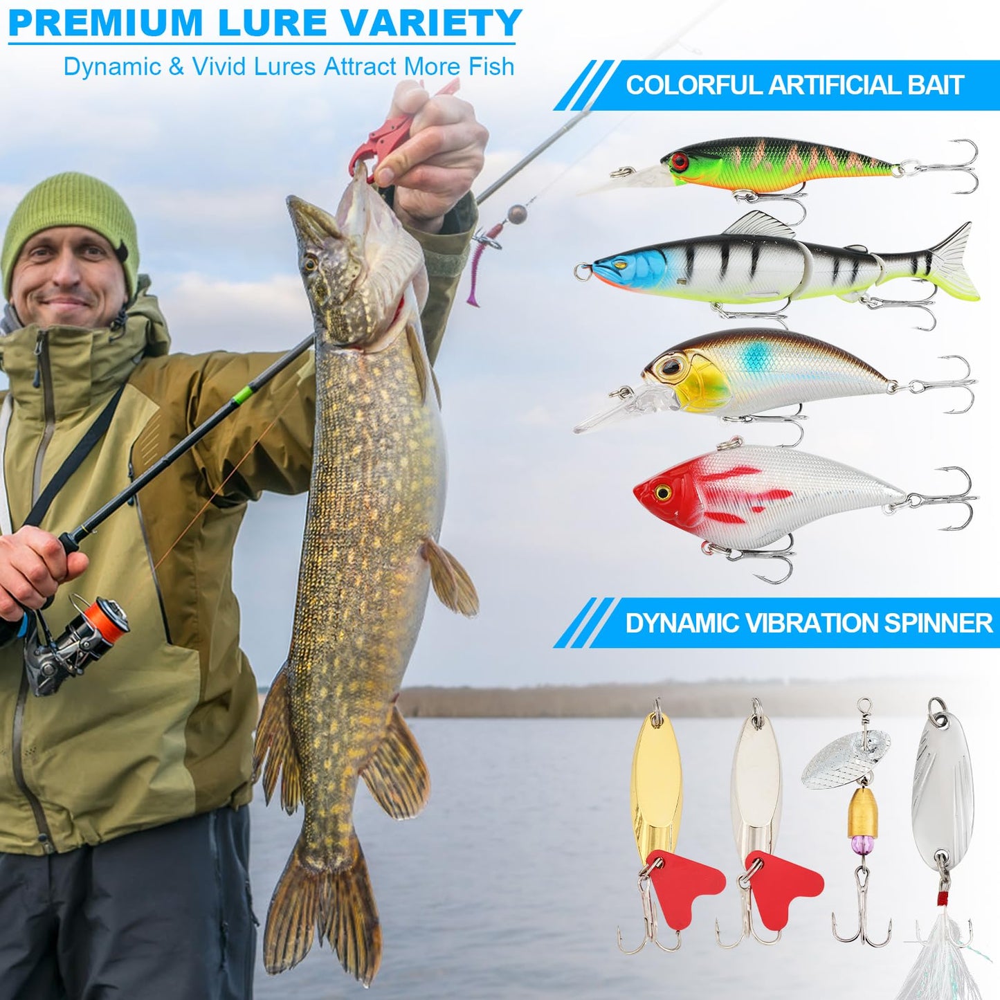 TCMBY 3 Layers Tackle Box with Tackle Included, 321Pcs Fishing Lures Kit Contains Pliers, Crankbait, Hooks, Weights & Accessories, Fishing Gear Bait Lure Gifts for Men Bass Freshwater (Green)