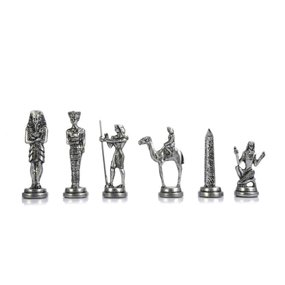 Egypt Pharaoh Antique Copper Figures Metal Chess Set for Adults Handmade Pieces and Natural Solid Wooden Chess Board with Pearl Design Around Board and Storage Inside King 3.4inc