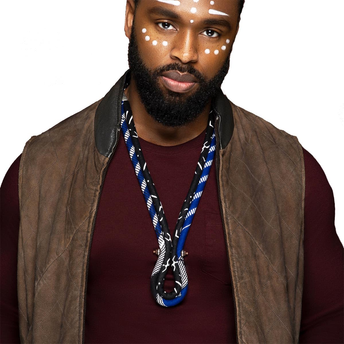 African Necklace for Men | Blue and Black Ankara Necklace | Men’s Corded Neck Tie | Men’s African Tie | Mens Tribal Jewelry | Black, Blue, White | Afrocentric Collar | Cloth & Cord