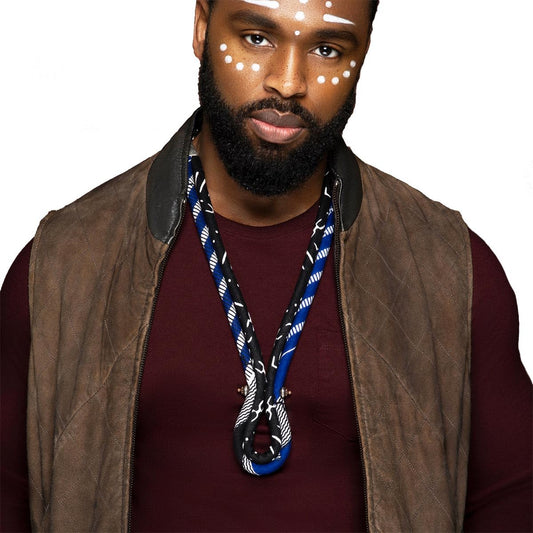 African Necklace for Men | Blue and Black Ankara Necklace | Men’s Corded Neck Tie | Men’s African Tie | Mens Tribal Jewelry | Black, Blue, White | Afrocentric Collar | Cloth & Cord