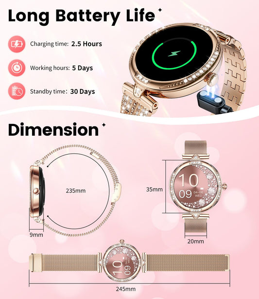 LIGE Smart Watches for Women (Answer/Make Call) with Diamonds，1.19” AMOLED Smartwatch with Heart Rate/SpO2/Sleep Monitor,IP68 Waterproof Fitness Tracker 111 Sport Modes Pedometer for Android iOS,Gold