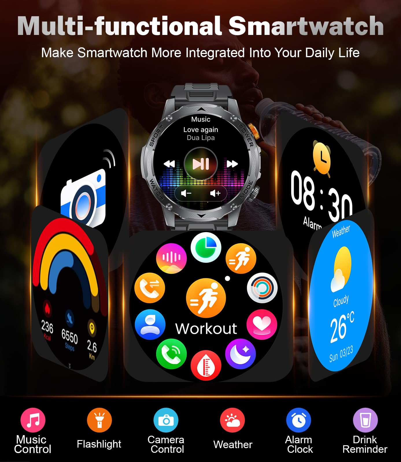 Military Smart Watches 1000 mAh Battery/Flashlight,1.75'' IPS HD Display Smart Watch for Men(Make Call),IP68 Waterproof Fitness Watch with Heart Rate,Sleep Monitor,100+ Sports Modes,for iOS Android