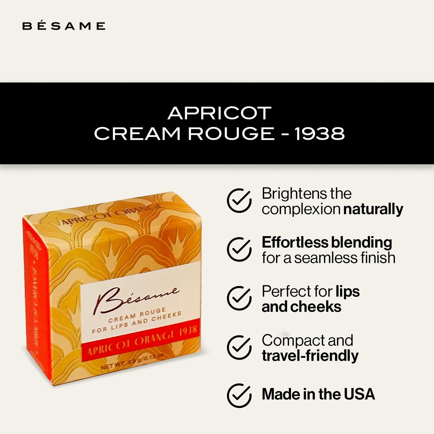Besame Apricot Cream Rouge - 1938 | Cream Blush for Cheek & Lip with Long Lasting Matte Finish | 1930s Inspired Beauty | Makeup In Reusable Tin | 2-in-1 Lip & Cheek Tint | Sustainable Beauty Routine