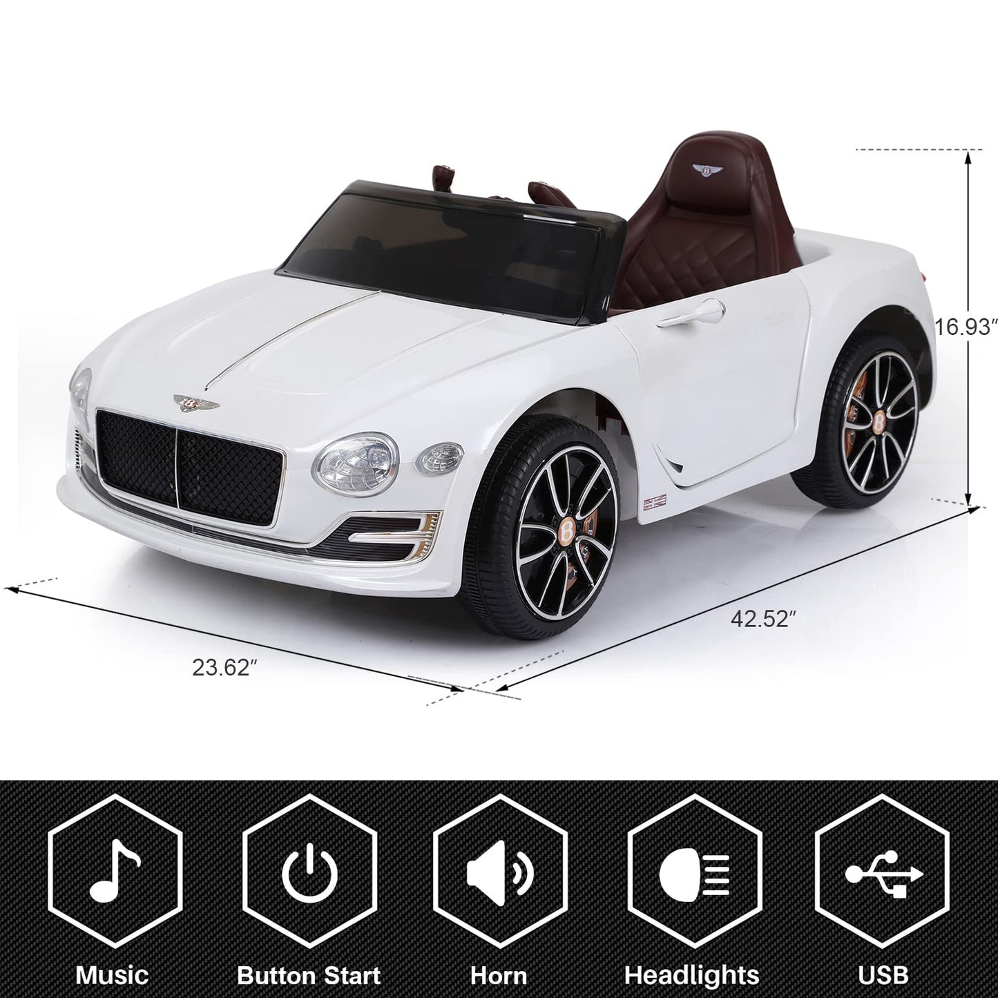 SEHOMY White 12V Electric Kid car with Parent Remote, Bentley Licensed Cars for Kids, Battery Powered Kids Ride on car, 4 Wheels Motorized Vehicles Children Toys, 2 Speeds, LED Headlights, MP3, Aux