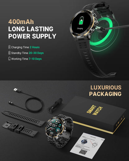 Smart Watch for Men Answer/Make Call for Android iPhone, 1.43" AMOLED HD Screen Mens Luxury Watch, 400mAh Heavy Duty Smartwatch Heart Rate Blood Oxygen Blood Pressure Sleep Monitor Pedometer, 2 Straps