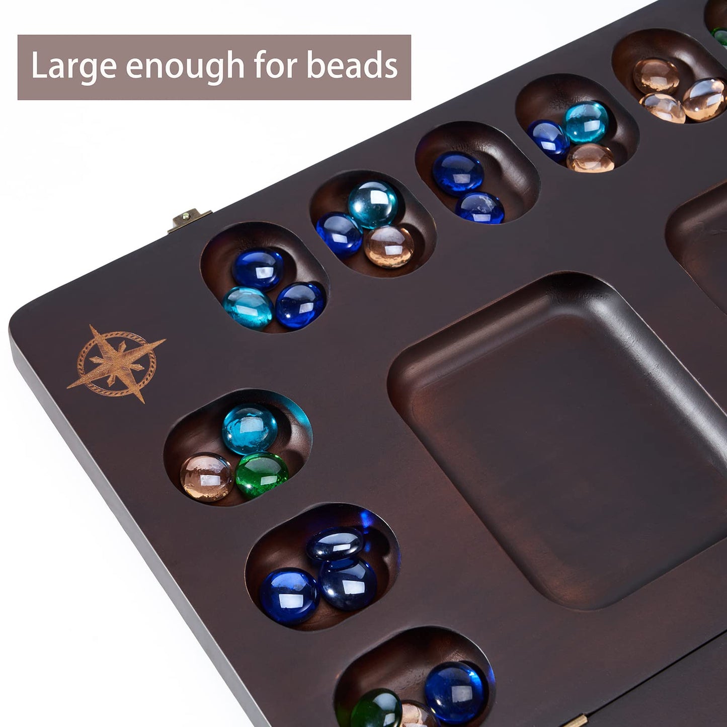 VAMSLOVE Mancala 4 Player Board Game Set, Luxury Solid Wood Folding Mancala Board, 96+12 Bonus Multi Color Glass Stone Beads Game Instructions Included