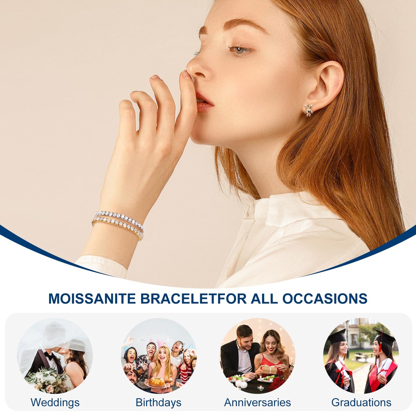 Moissanite Tennis Bracelet, 7.76 Carats Adjustable Bracelet for Women 18K Yellow Gold Plated S925 Sterling Silver Tennis Bracelet D Color VVS1 Round Cut 4MM Moissanite Bracelet Mothers Day Gift