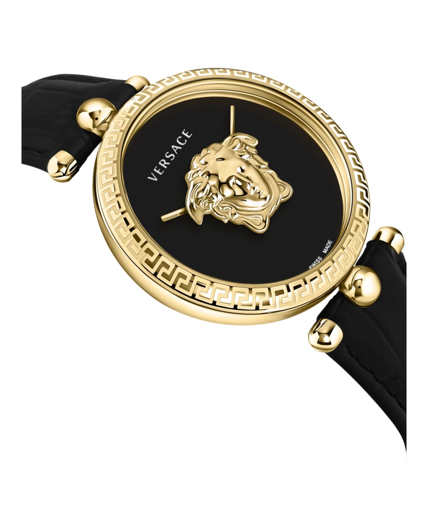 Versace Palazzo Empire Collection Luxury Womens Watch Timepieces with a Black Strap and Dial Featuring a Gold Case