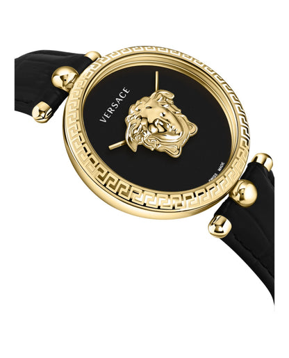 Versace Palazzo Empire Collection Luxury Womens Watch Timepieces with a Black Strap and Dial Featuring a Gold Case